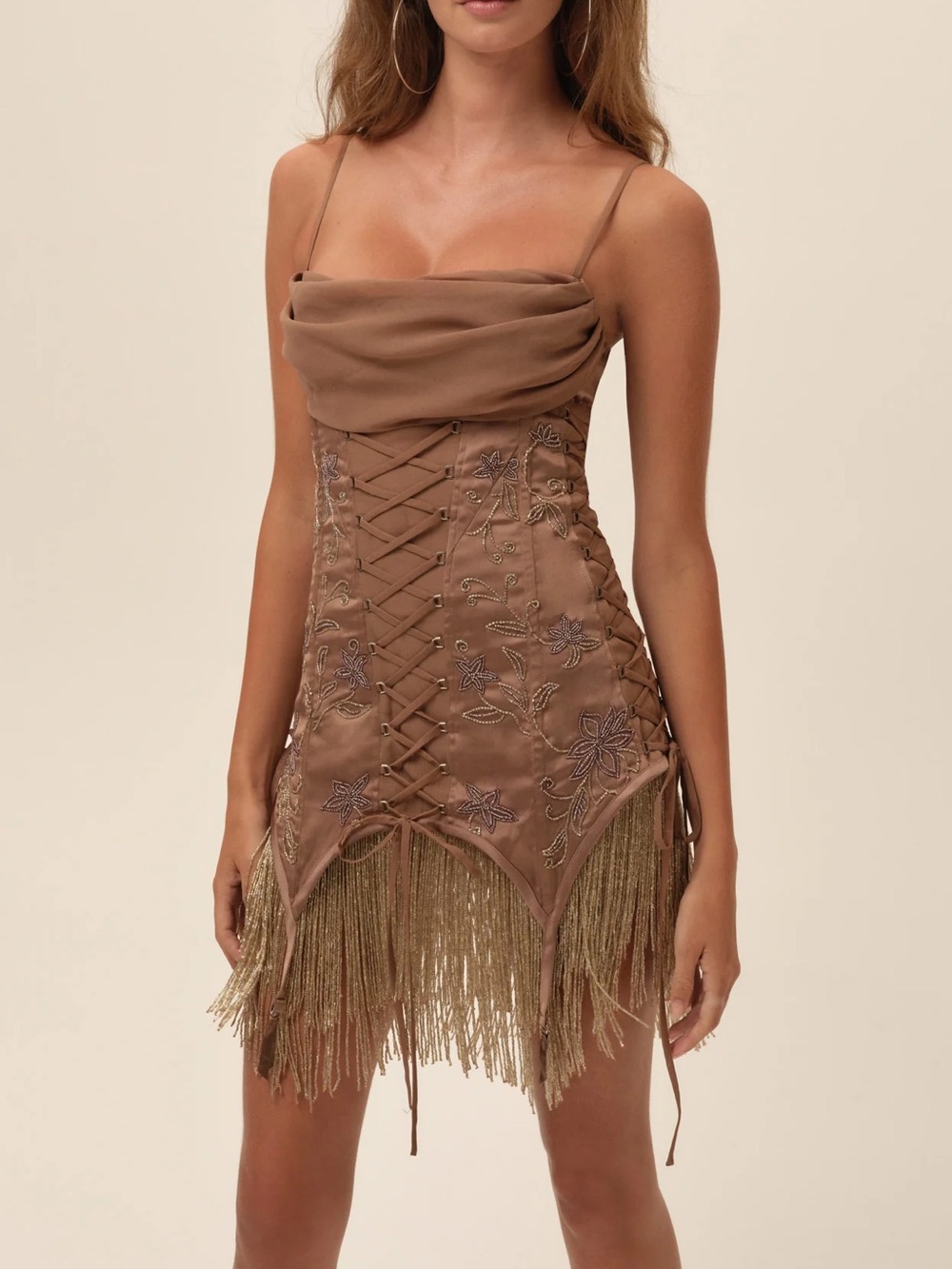 $449 NWT For Love And Lemons “Olea” Lace-Up Mini Dress in Brown Sz Medium